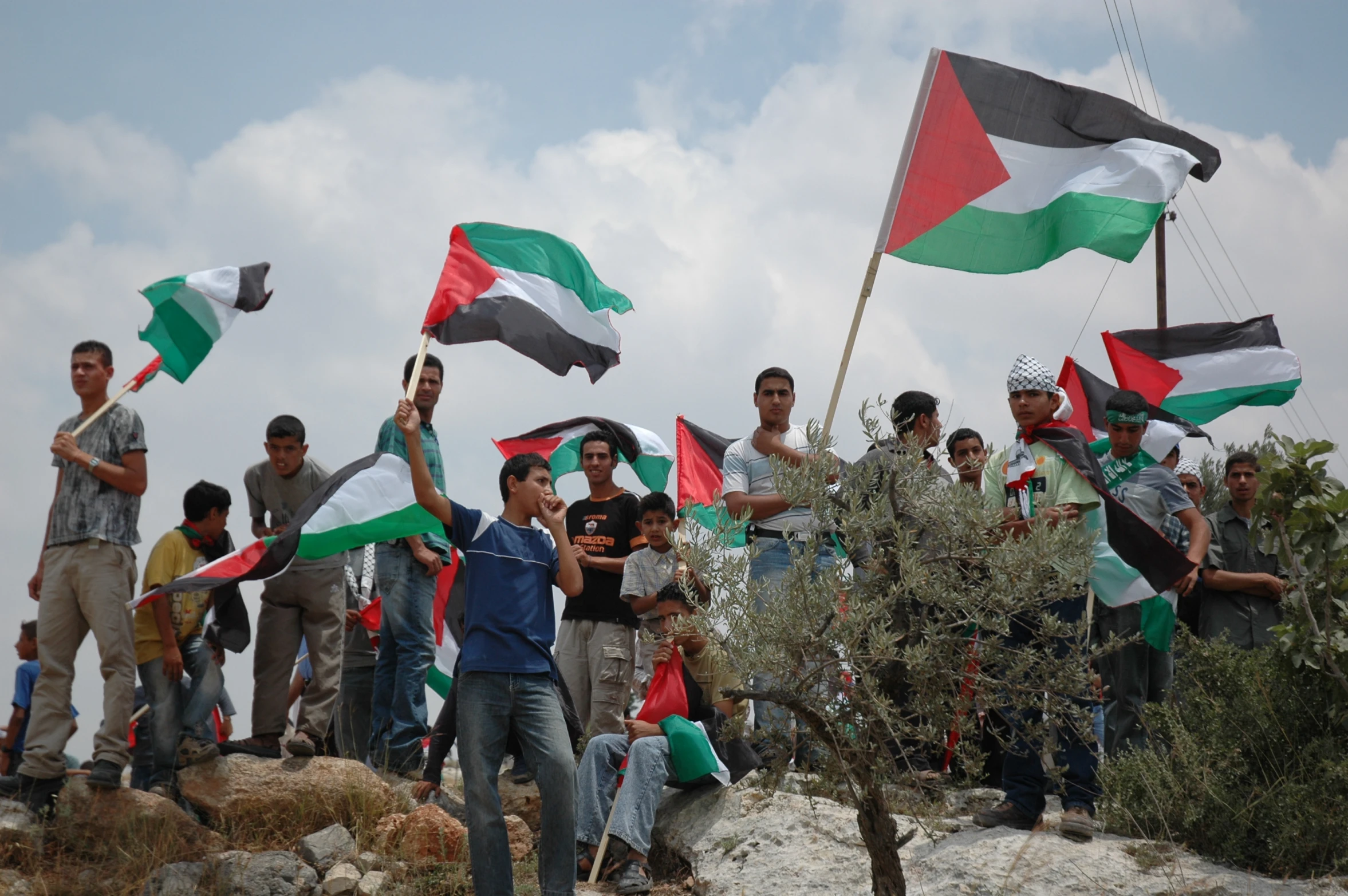 several people are holding flags that read and sing