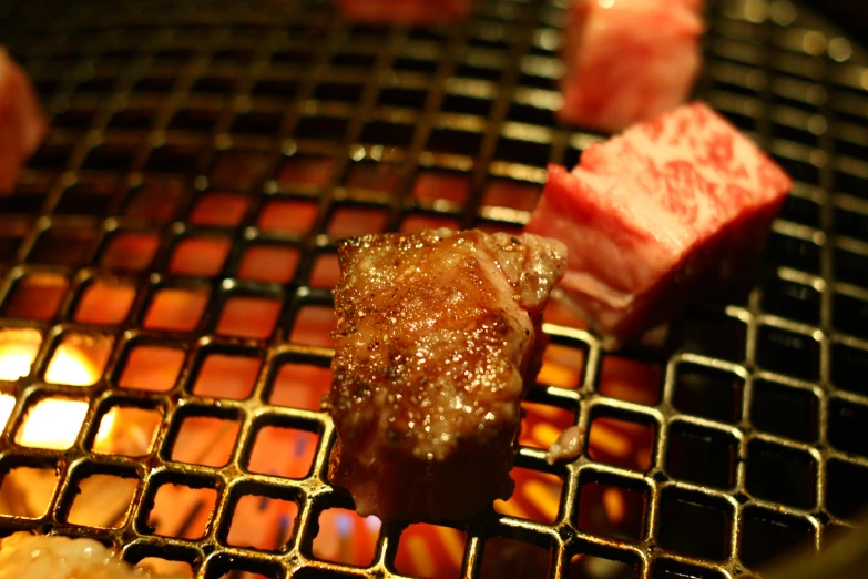meats and potatoes are being grilled on an open grill