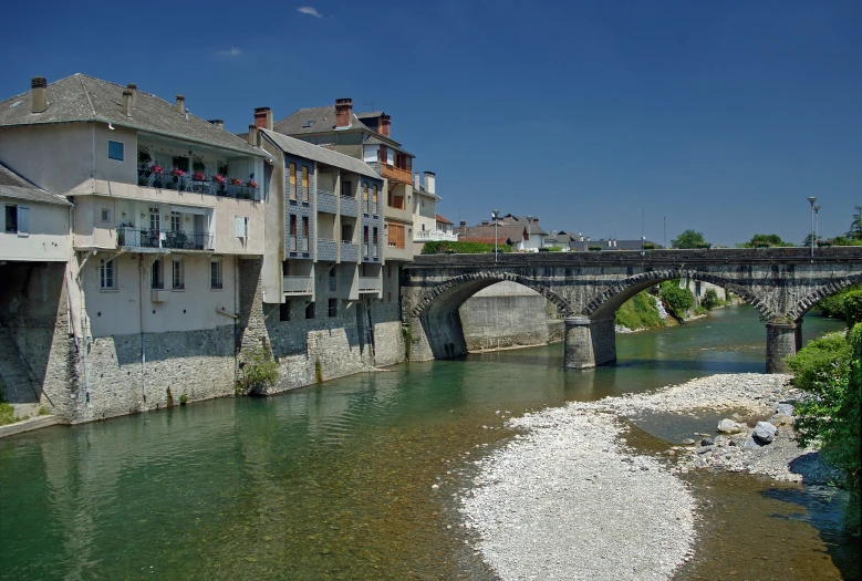 people walking on a bridge over a river in a city