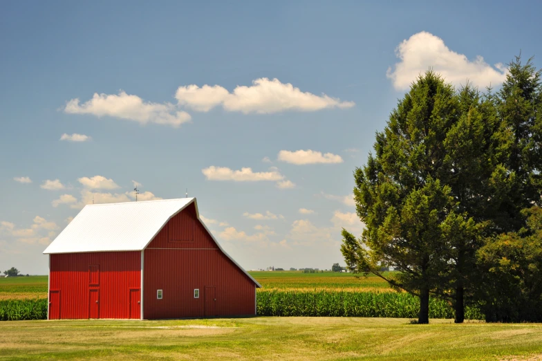 an empty barn sits in a green field under a blue sky