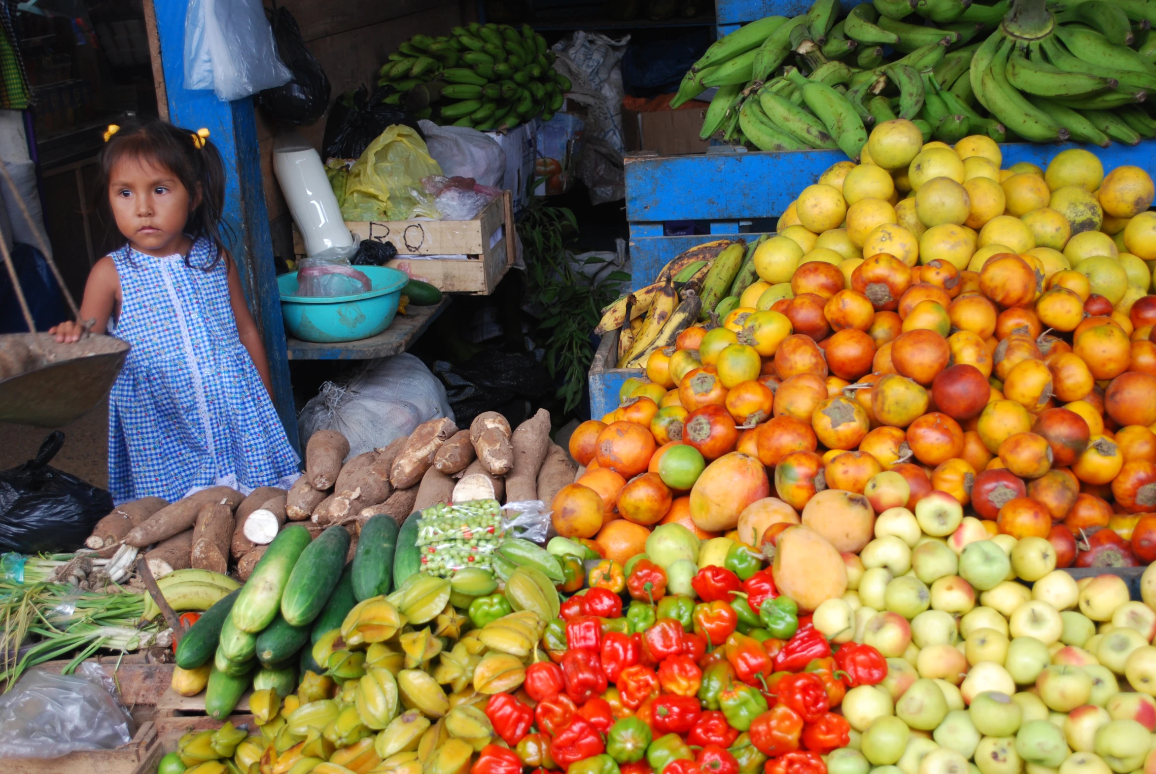 a  stands next to a display of vegetables