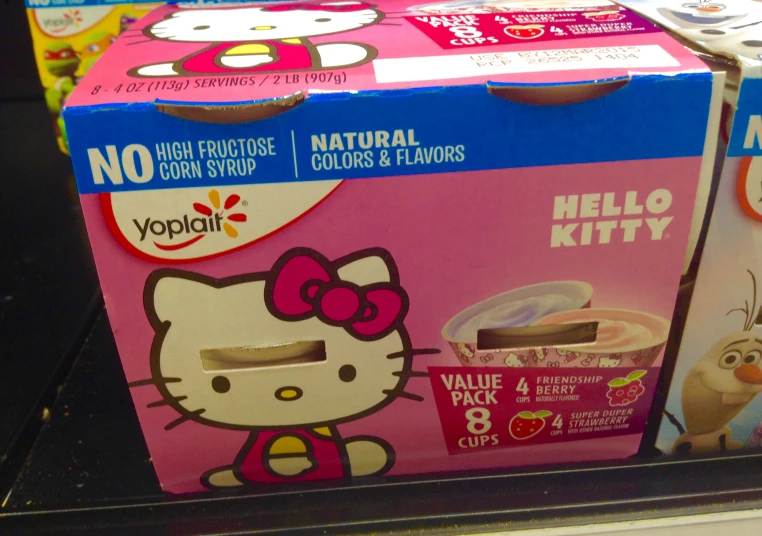 a cardboard hello kitty box is displayed for sale