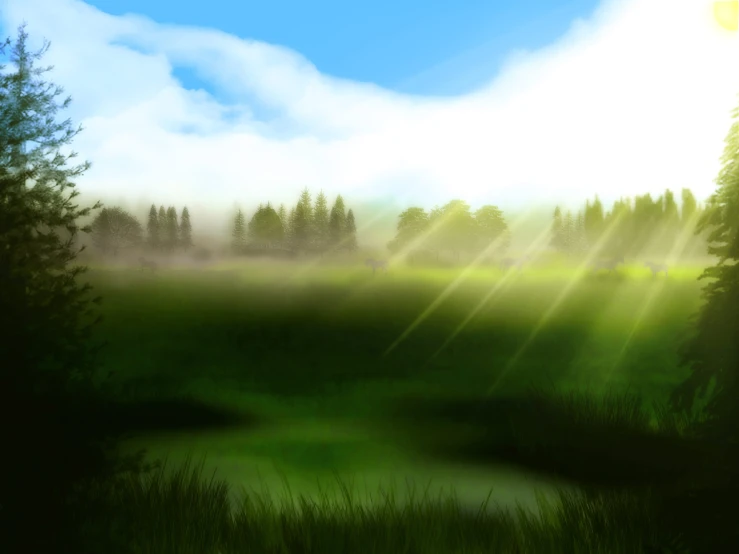 a painting of sun beams shining through trees over a grassy field