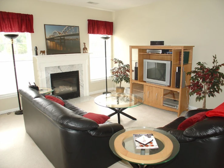 the modern looking living room has black leather furniture