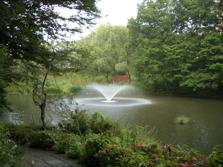 an artificial fountain surrounded by flowers and water
