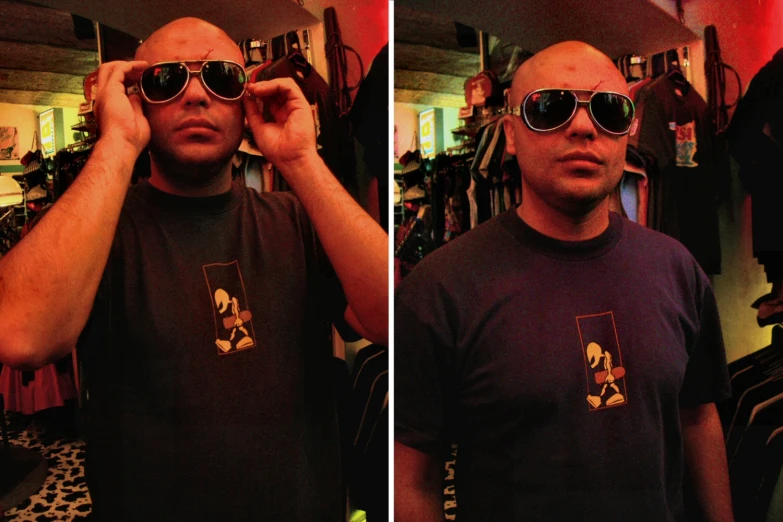 two pictures of a bald man with sunglasses looking at himself in the mirror