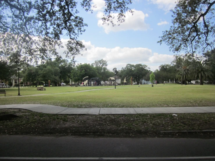 a park with lots of green trees near the grass