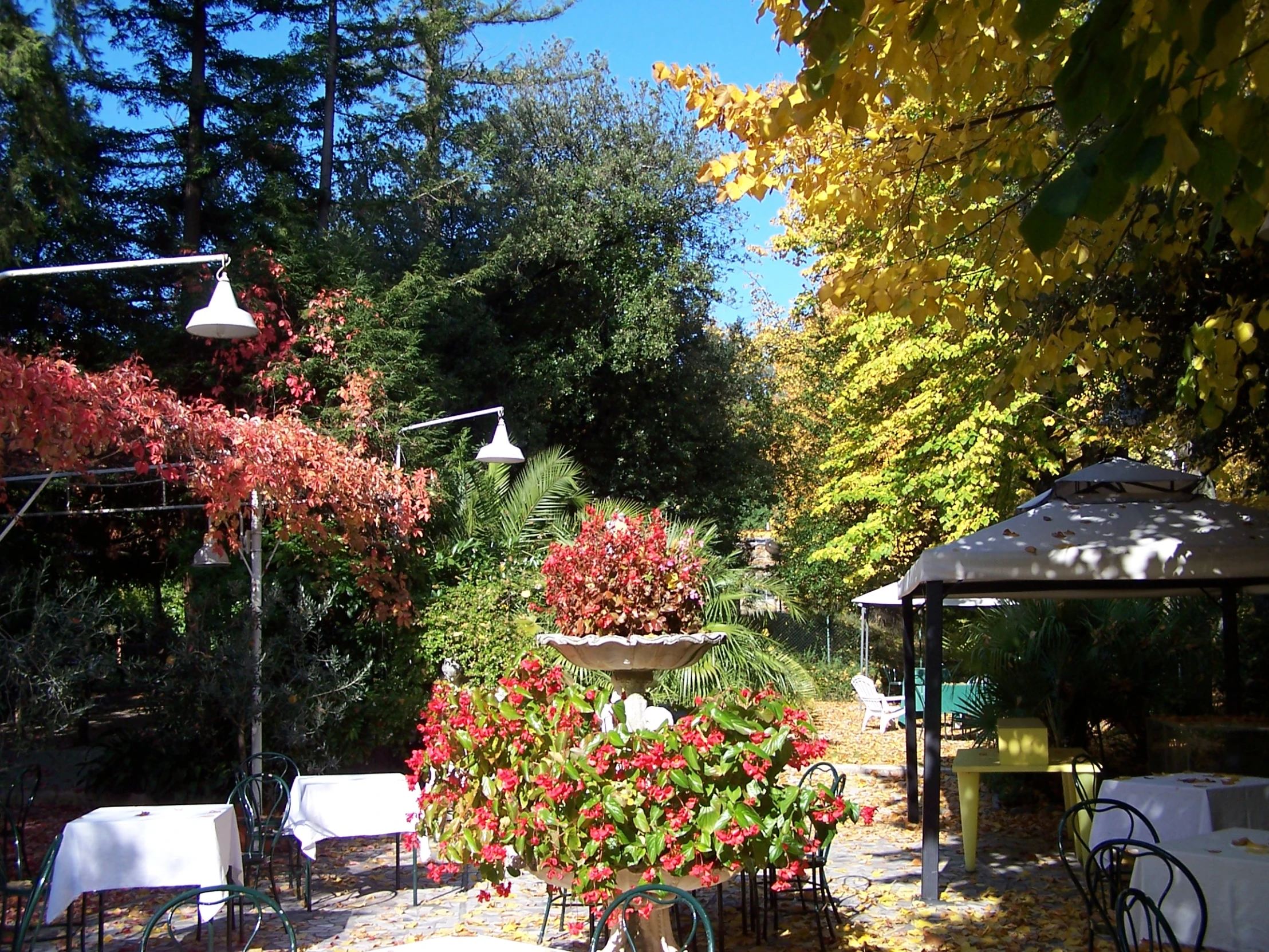 an outdoor dinner set up with tables and chairs