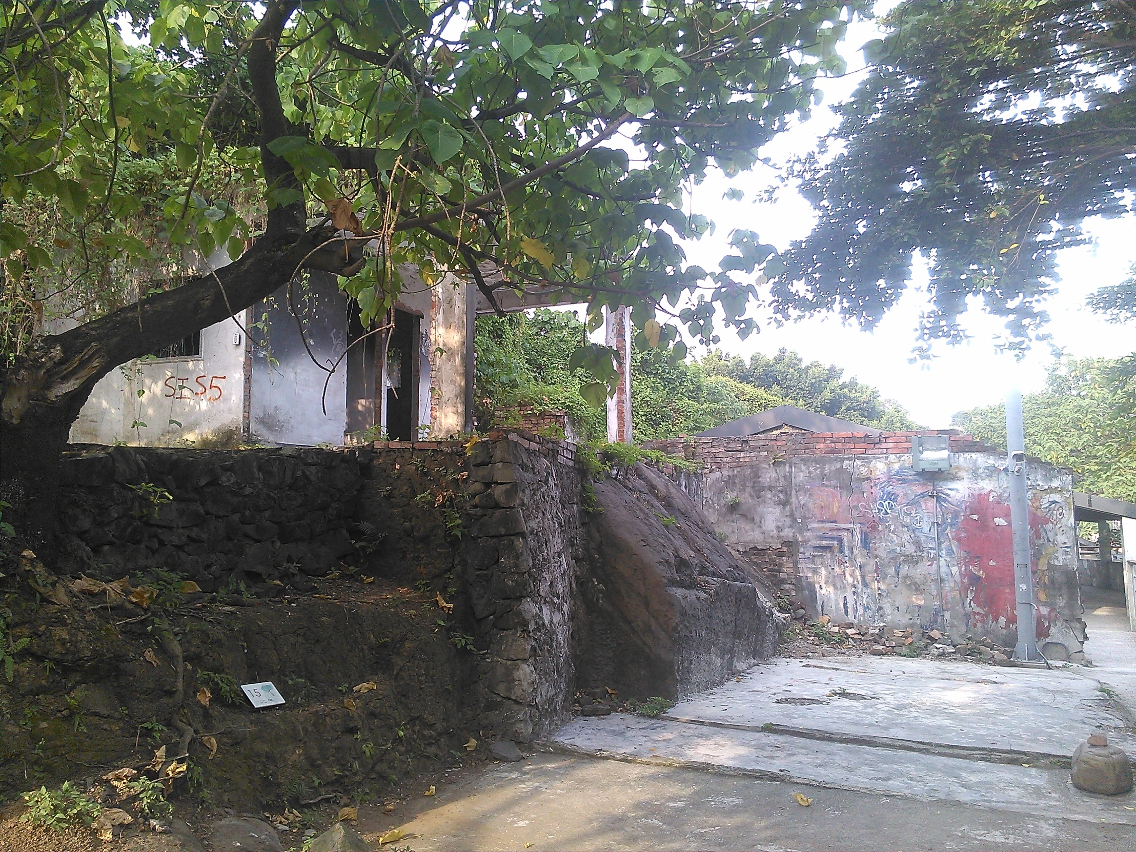 a building is shown surrounded by trees and dirt