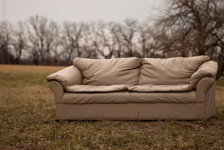 a couch is in the grass beside a field