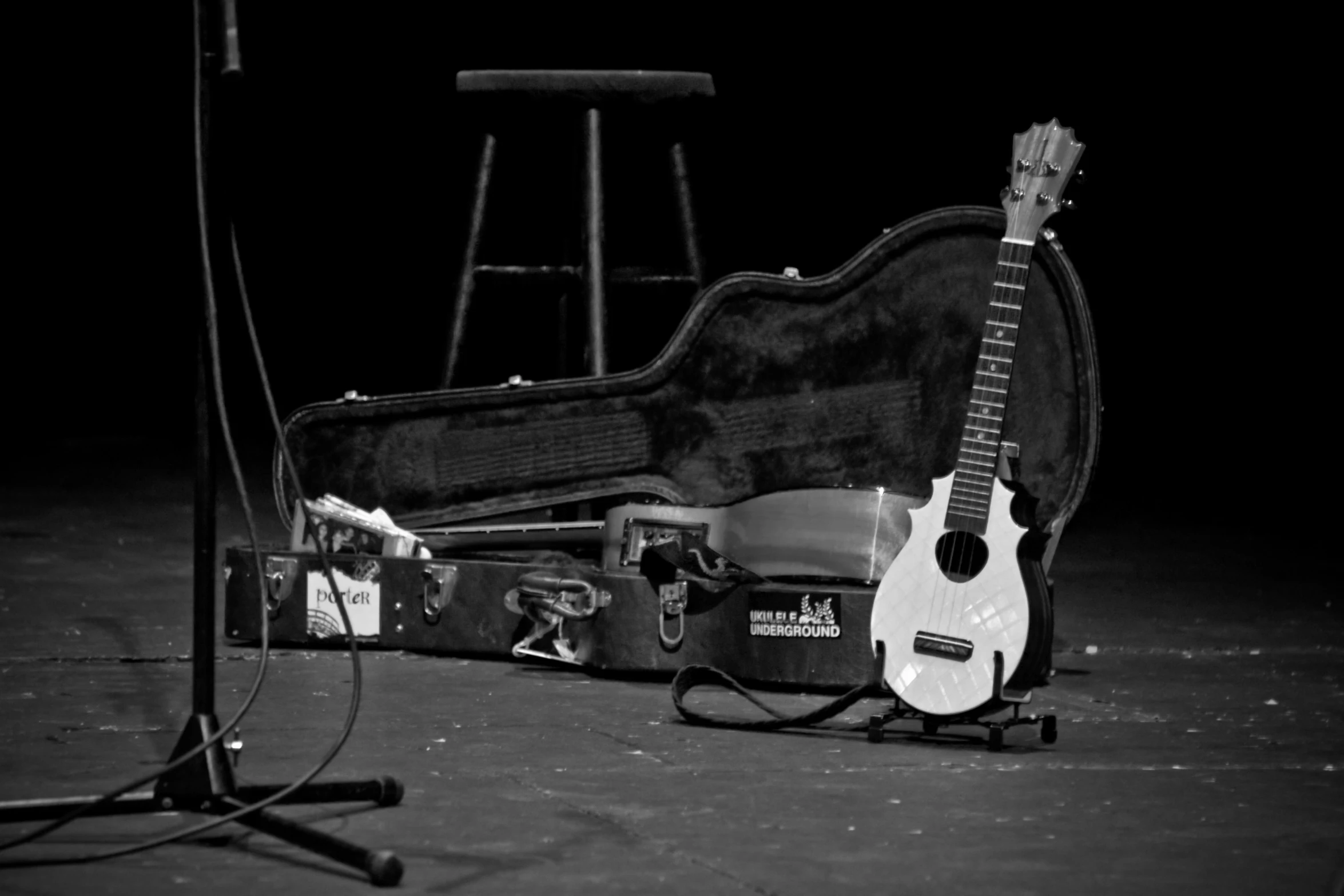 black and white po of guitar with stand in background