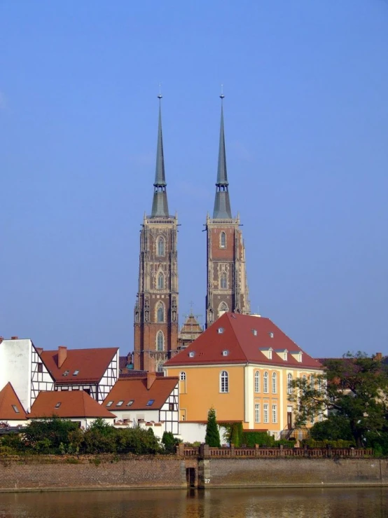 the cathedrals tower over a city from across the river