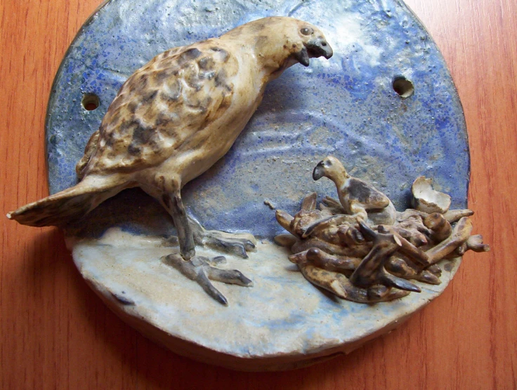 this bird is standing on the side of a blue plate