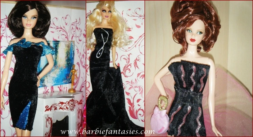 three pictures of barbie dolls with clothes and hair