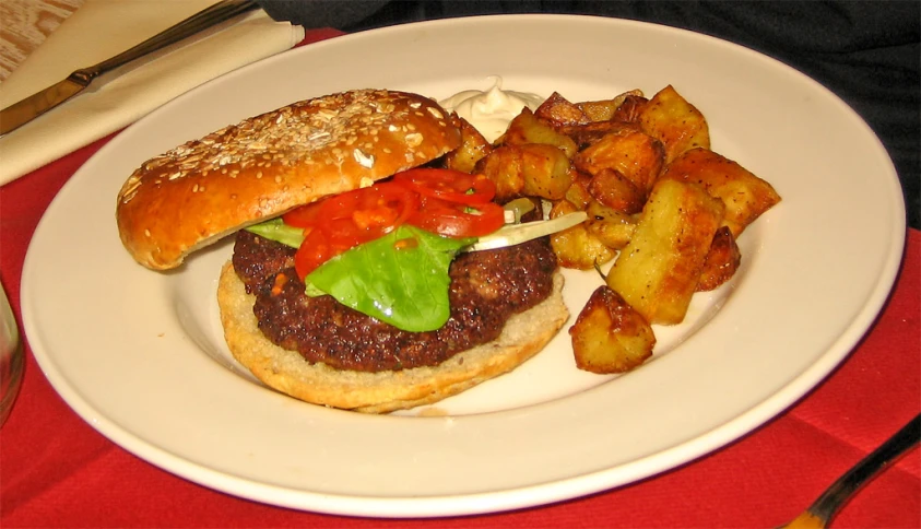 a hamburger is served on a white plate