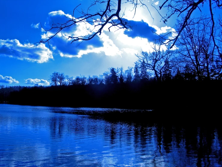 a calm lake is surrounded by trees in the distance