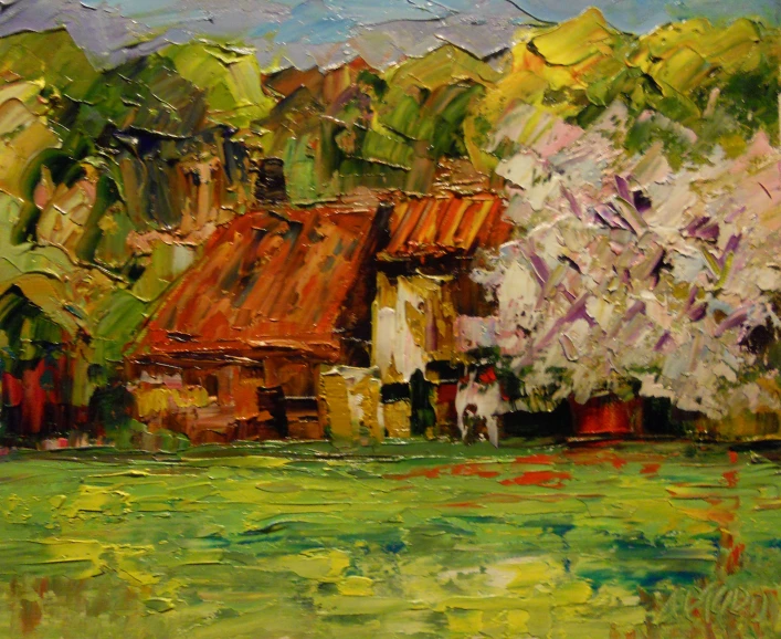 a painting of a country house and a cherry tree