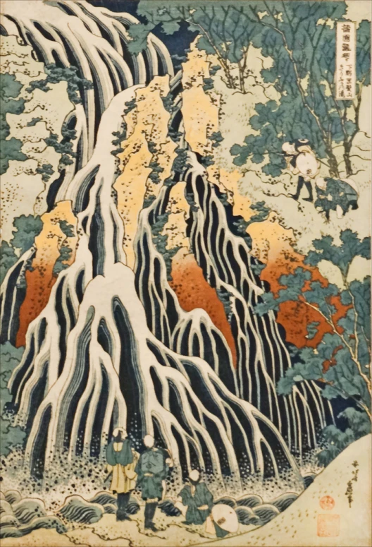 an asian painting shows people standing at the base of a waterfall
