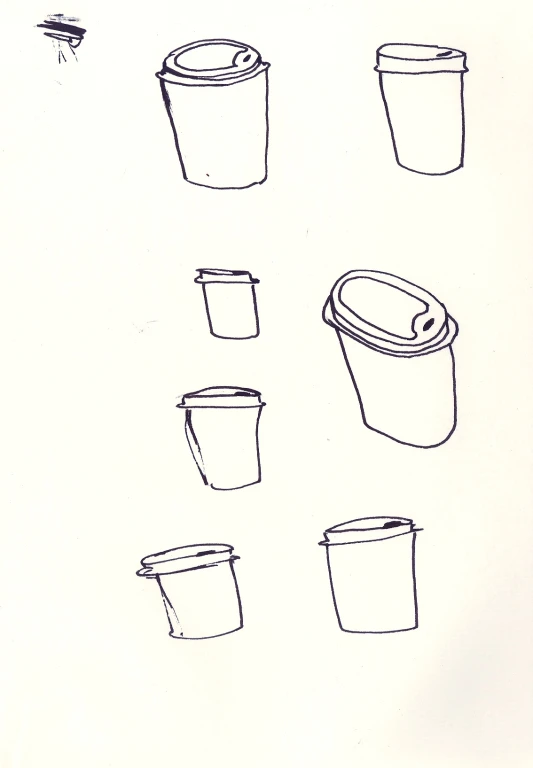 several different cups with lids drawn on white paper