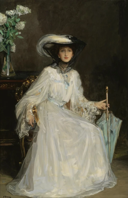 a painting of a woman wearing a dress and hat with a umbrella