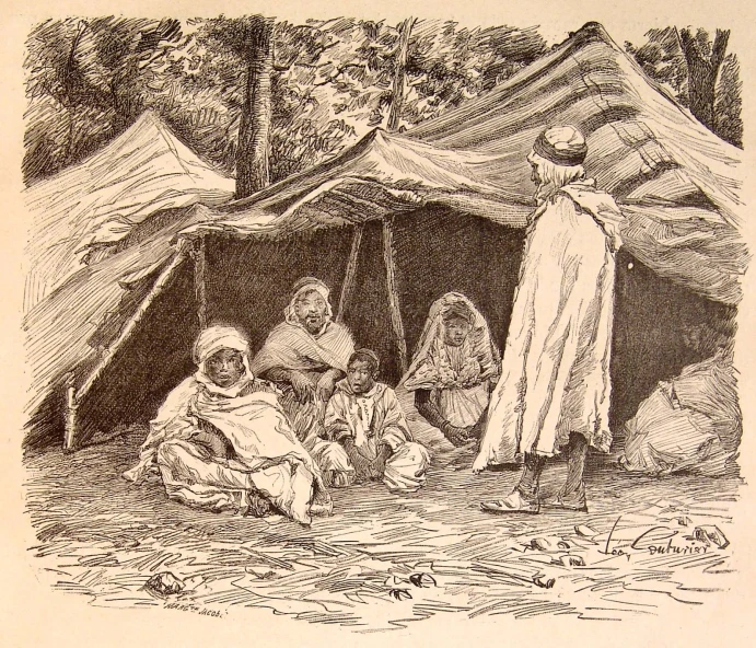 a picture of two women and a man outside of a tent