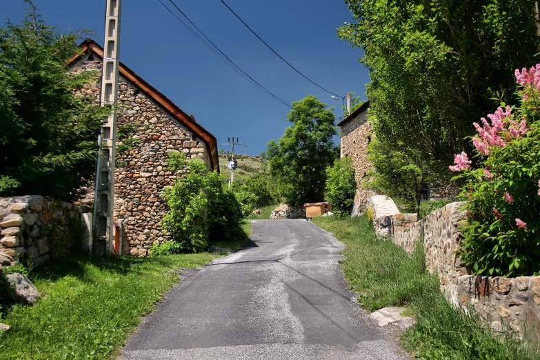 a road in a forested area with a stone building