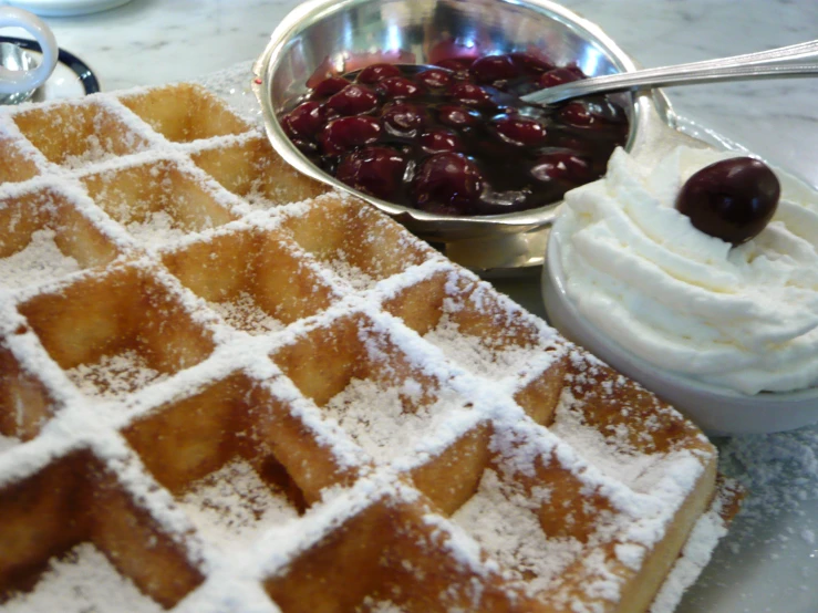 a waffle is being served at a restaurant