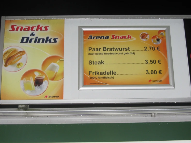 a menu for a snack store with two drinks