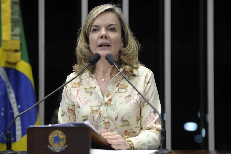 a woman standing behind a podium in front of flags