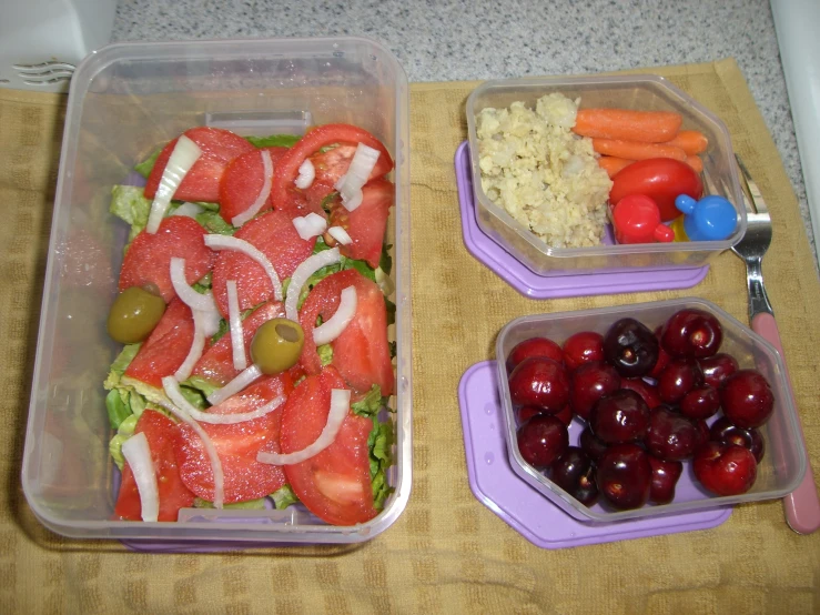 plastic containers holding vegetables and fruit on a counter