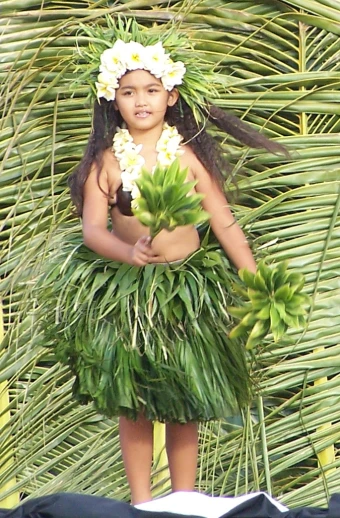  in grass skirt standing next to palm tree
