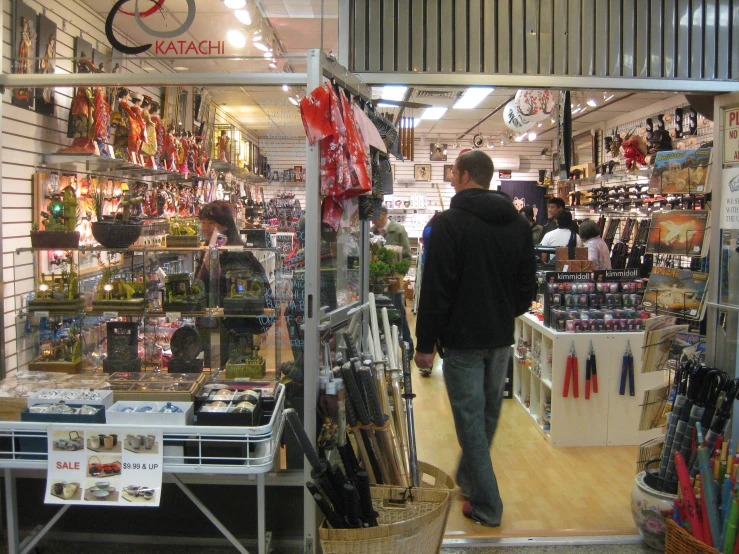 a person shopping in a store with shelves full of assorted items