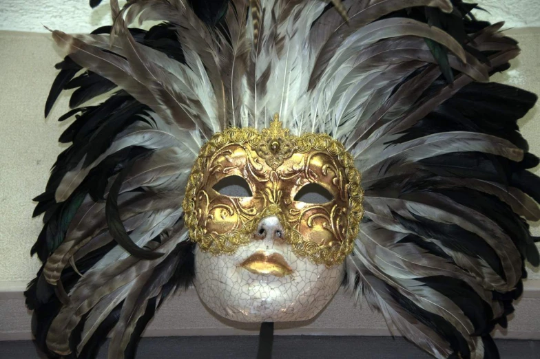 a fancy mask has been decorated with feathers