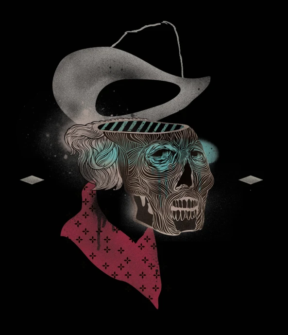 a skeleton wearing a hat and holding a gun