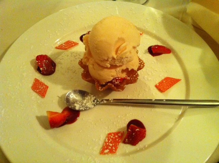 a plate of dessert with ice cream and candy