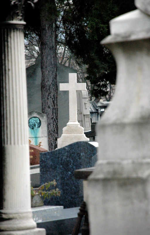 some stone graves and trees in a cemetery