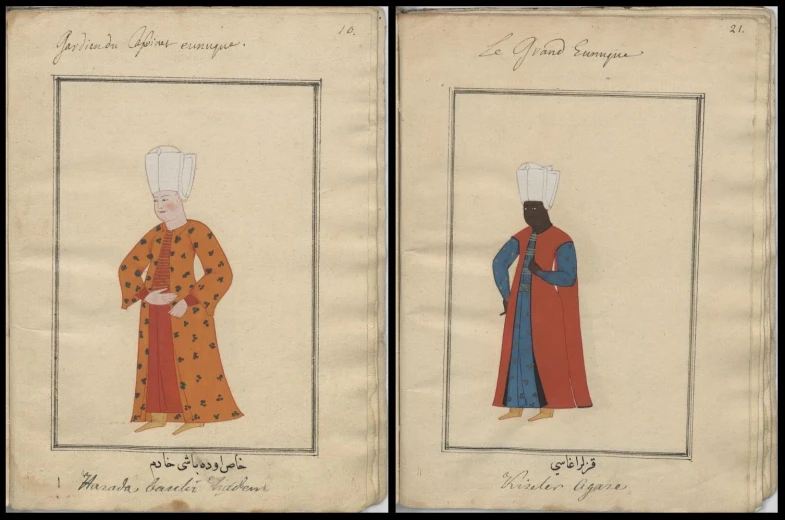 two drawings from the reign of egypt showing people in robes