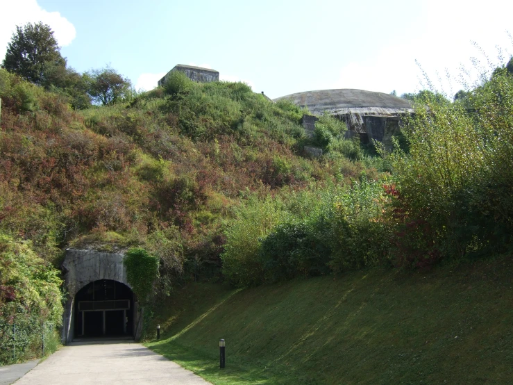 a road tunnel between two mountains with lush green plants on both sides