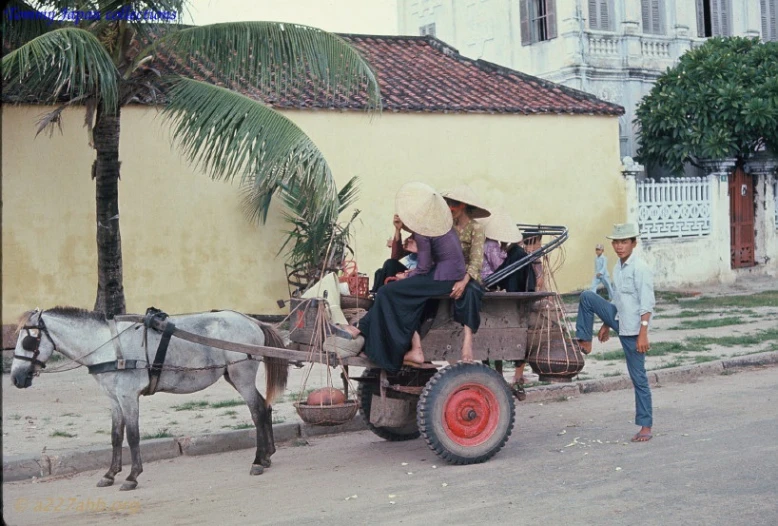 two women riding a horse - drawn cart down a street
