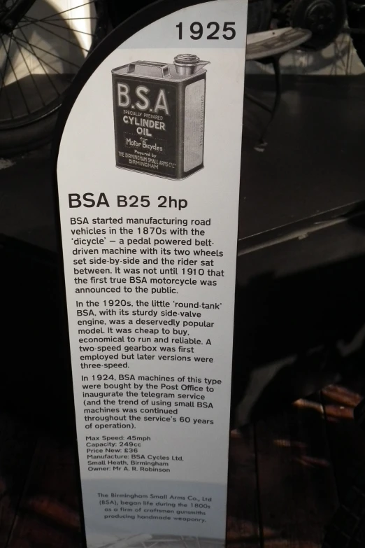 the back of a bicycle with a sign describing the best bbsa bottle