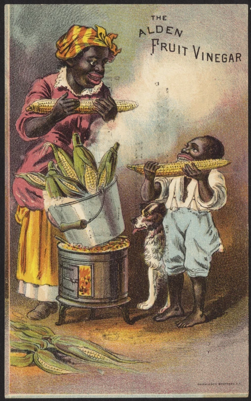 a cartoon picture of a woman and a child looking at vegetables