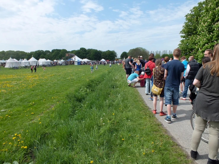 several people walk down a path near tents and flowers