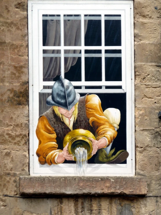 a painting of a man holding a bucket looks out a window