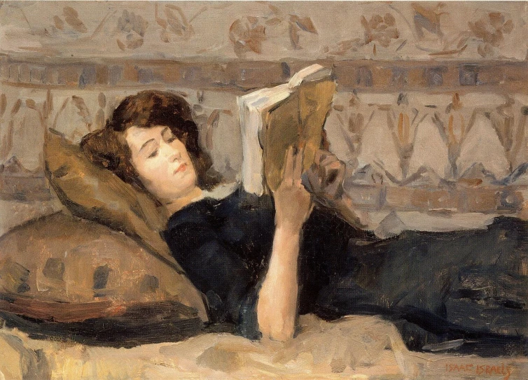 painting of a girl reading on the bed