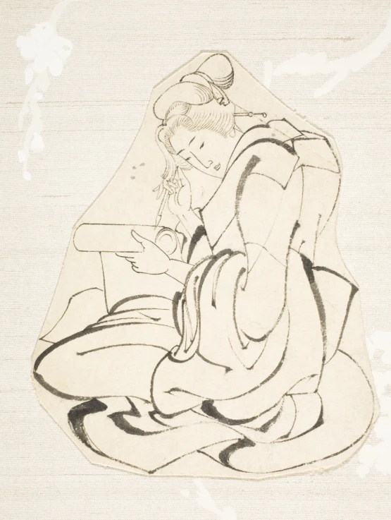 a drawing of a woman holding a baby with one foot