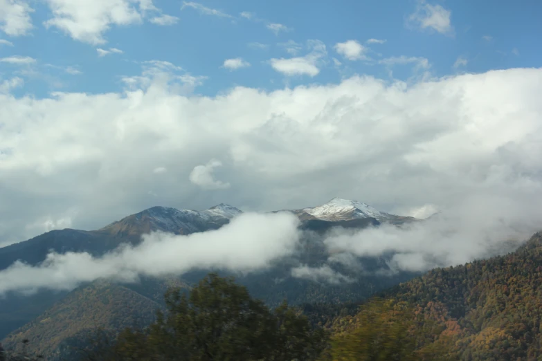 clouds hover over a wooded area covered in snow