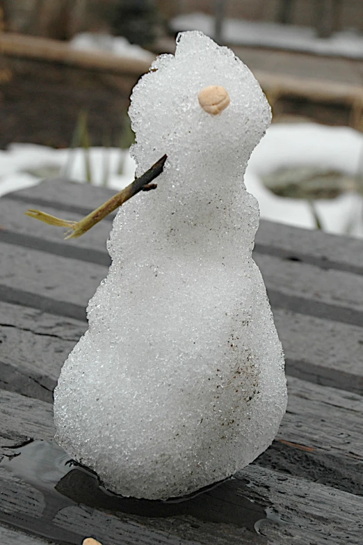 a snow man that is sitting on a wooden table