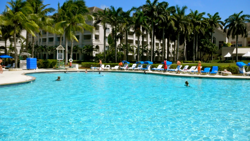 an outdoor pool with sun lounge chairs and palm trees