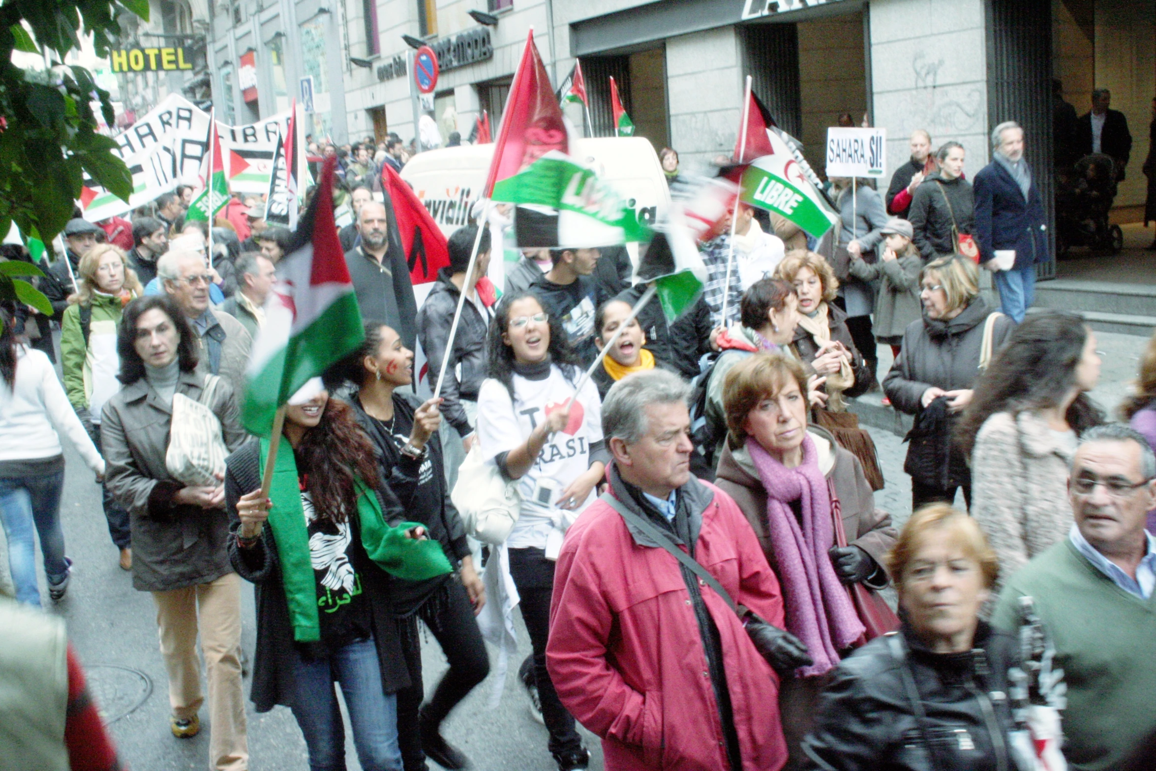 a large crowd of people carrying flags and signs