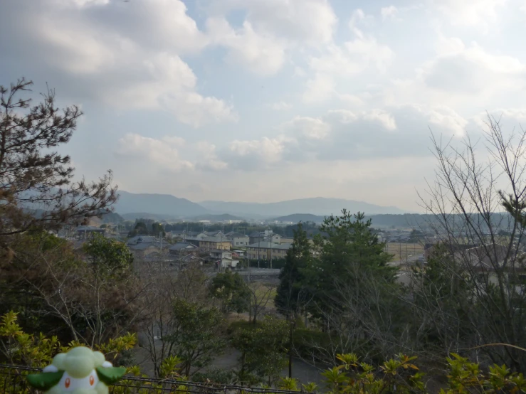 a large hill overlooking the city surrounded by trees